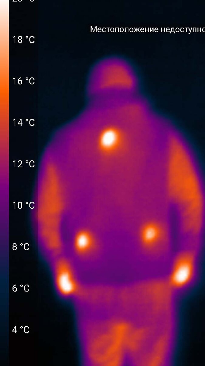 Нагревательные панели в одежде, съемка тепловизором